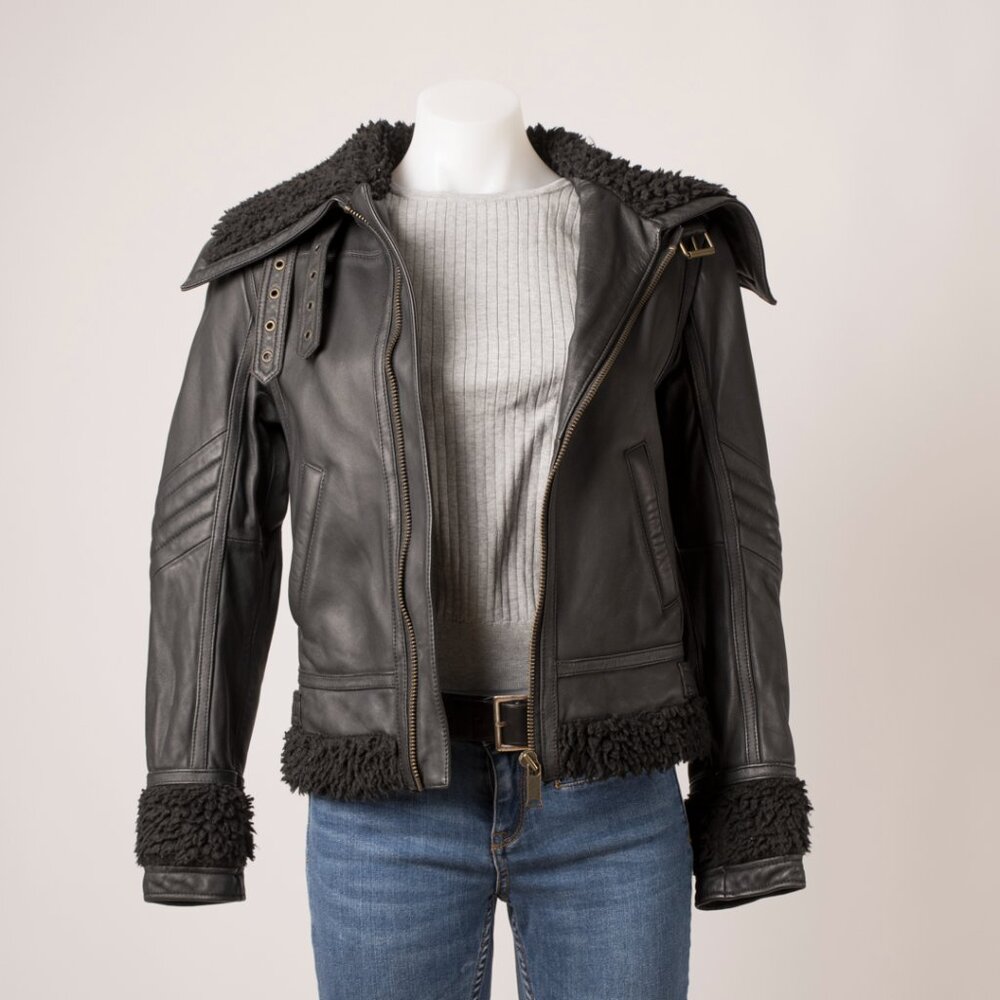 H&M Black Shearling Lined Leather Moto Jacket 4